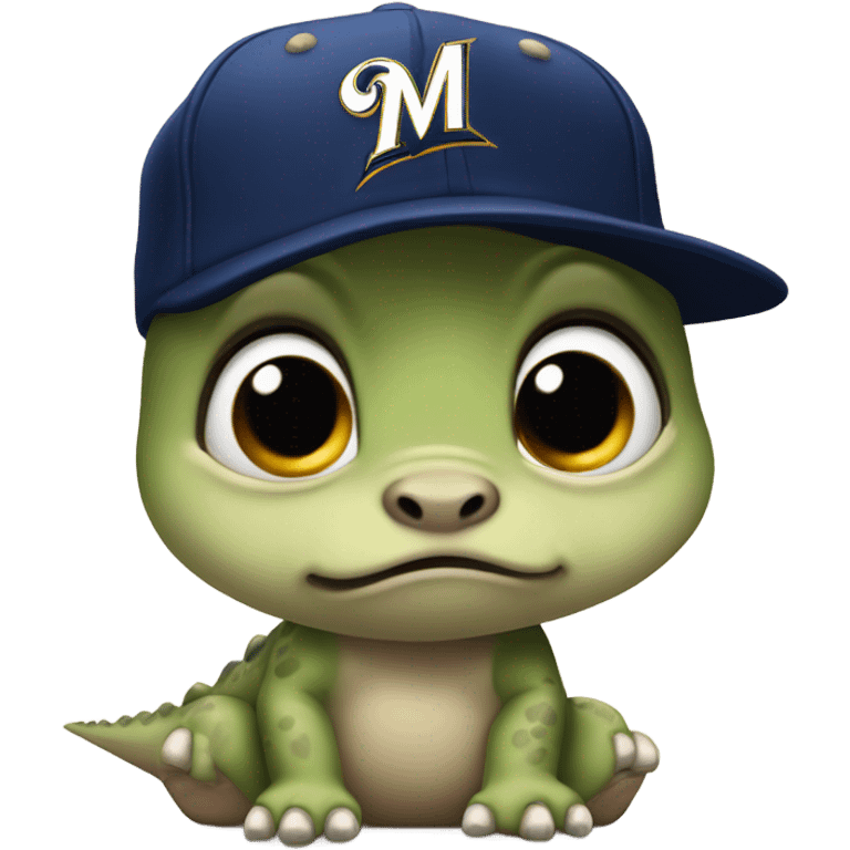 Sad baby dinosaur wearing a Milwaukee brewers hat  emoji