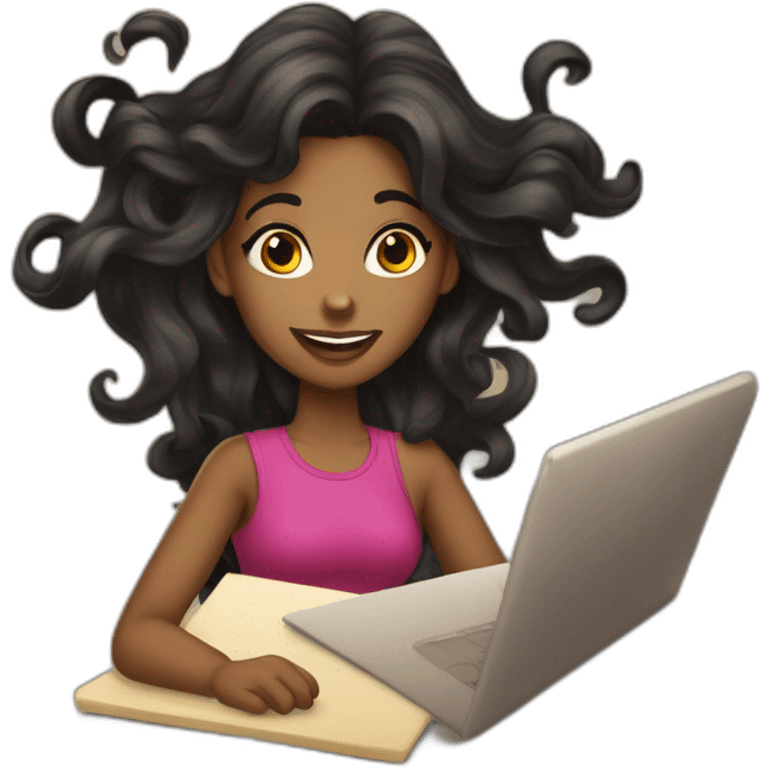 Mulher negra de cabelo ondulado lido com notebook emoji