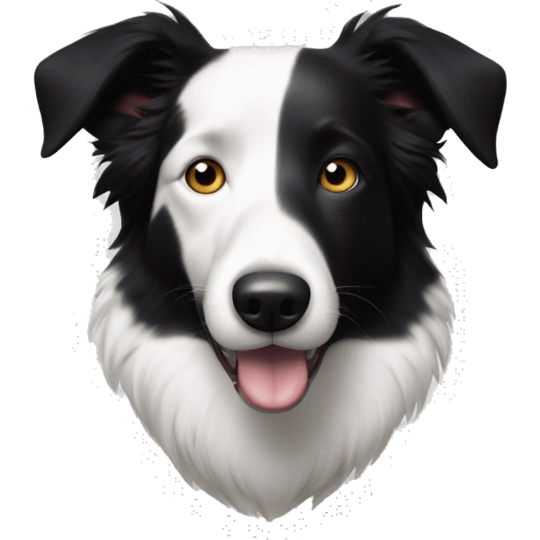 An elderly black and white border collie with white around both eyes and a black stripe down the middle of her face. emoji