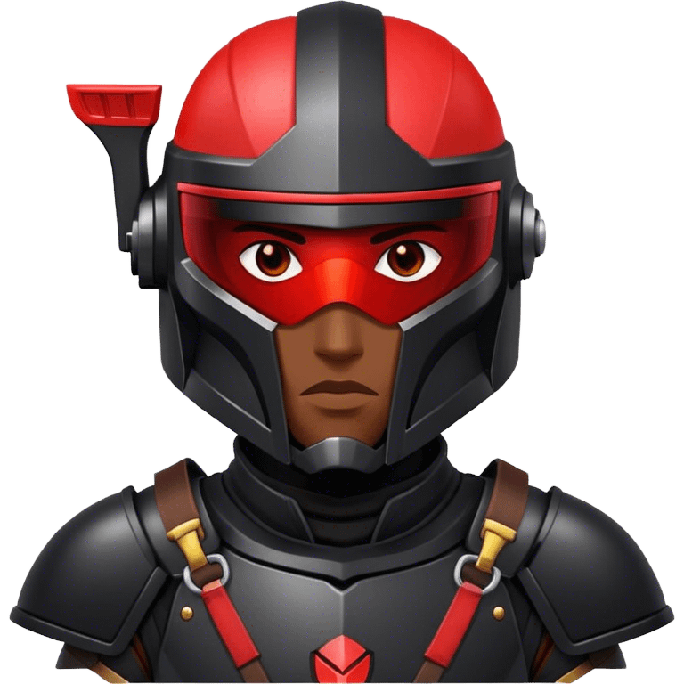 A futuristic man bounty hunter in sleek black armor, glowing red visor in the dark emoji