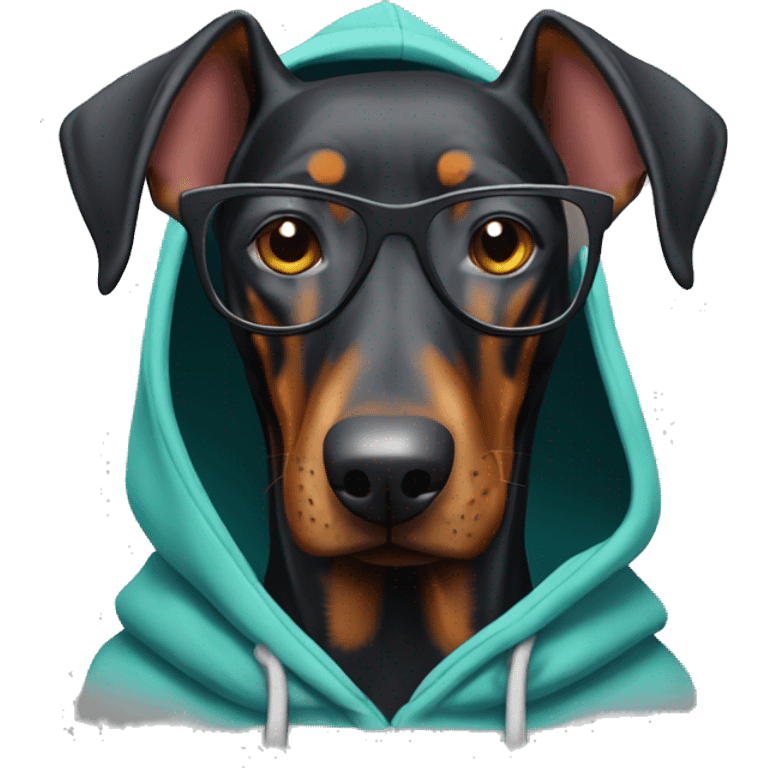 Doberman wearing glasses and hoodie emoji