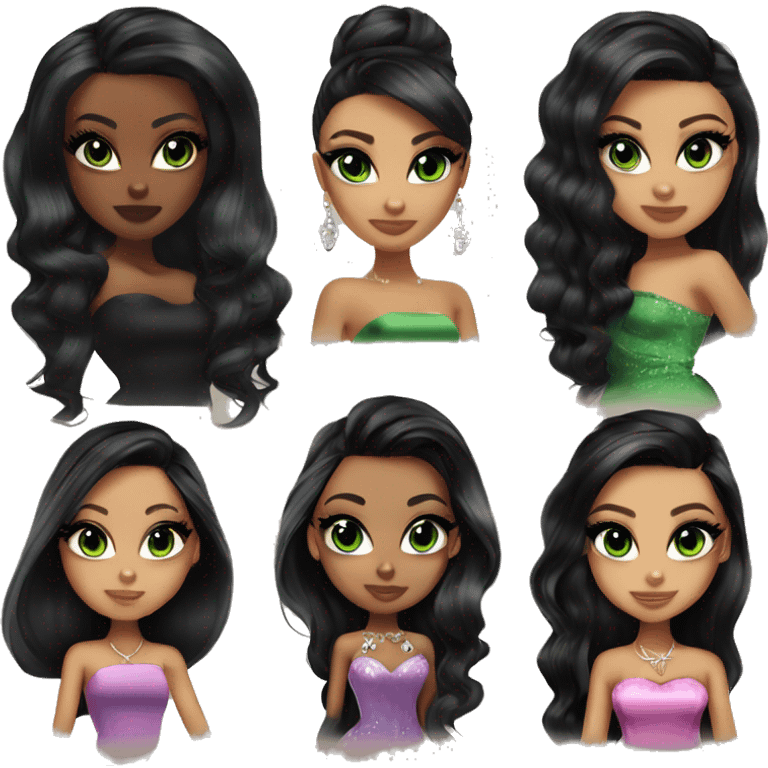 Bratz, club, cocktail dress, black balayage hair, half up half down hair, olive skin, green almond eyes, winged eyeliner with big lashes emoji