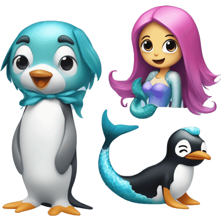 pinguin with dog and mermaid with blue and pink color emoji