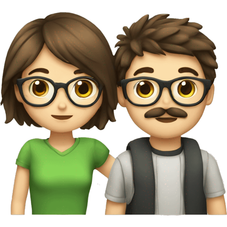 A boy with brown hair and a mustache is kissing a green haired girl wearing glasses emoji