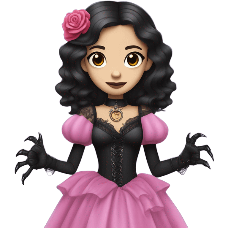 standing flirty Lavish black evening gown with see-through gloves, Jenna Ortega as Addams woman wearing a steampunk mini tiara, very large blood pink evil-looking horned old dragon emoji