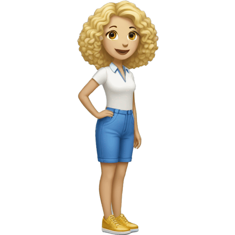 short blonde lady with blue shoes and golden doodle emoji