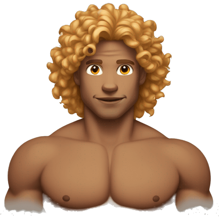 man with curly golden hair, medium brown skin, eyes the same color as his hair and cat eyes, shirtless and muscular emoji