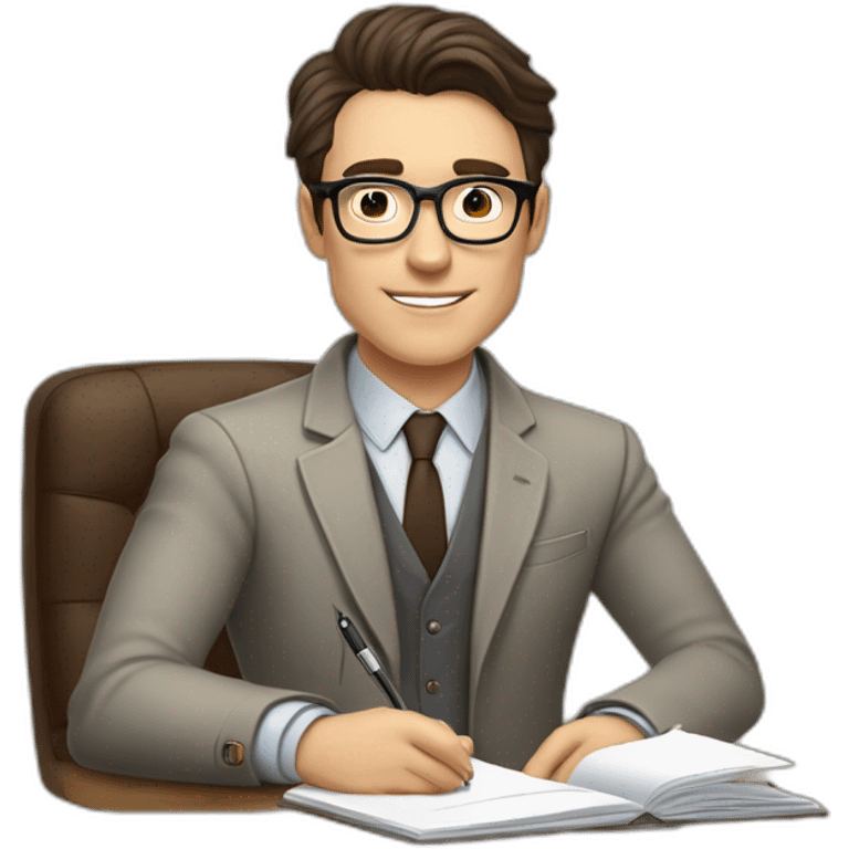 Pale skinned Fit Man With dark brown hair in gray jacket, beige office shirt, Brown pants and vintage glasses sitting In a soft chair with a notebook on spring with emblem Ψ and a pen emoji