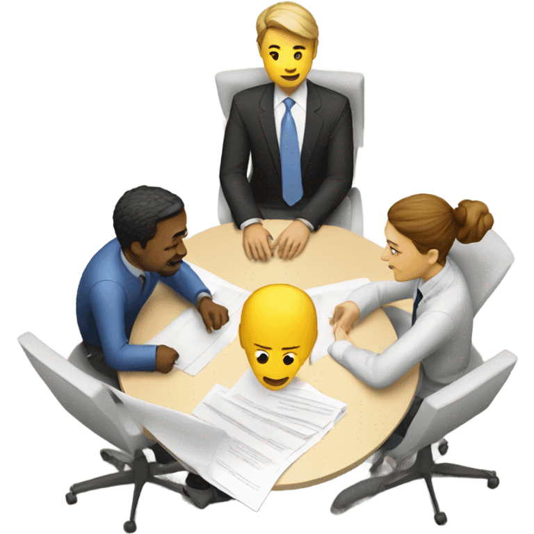 An emoji showing 3 people (2 males, 1 female) sitting at a round table with a laptop and papers, discussing about AI in a collaborative and professional way. emoji