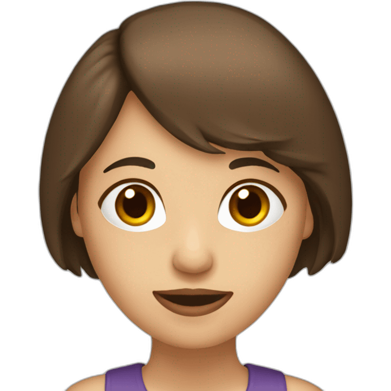 an adult girl with brown hair and a shoulder-length bob. there's a question mark behind her emoji