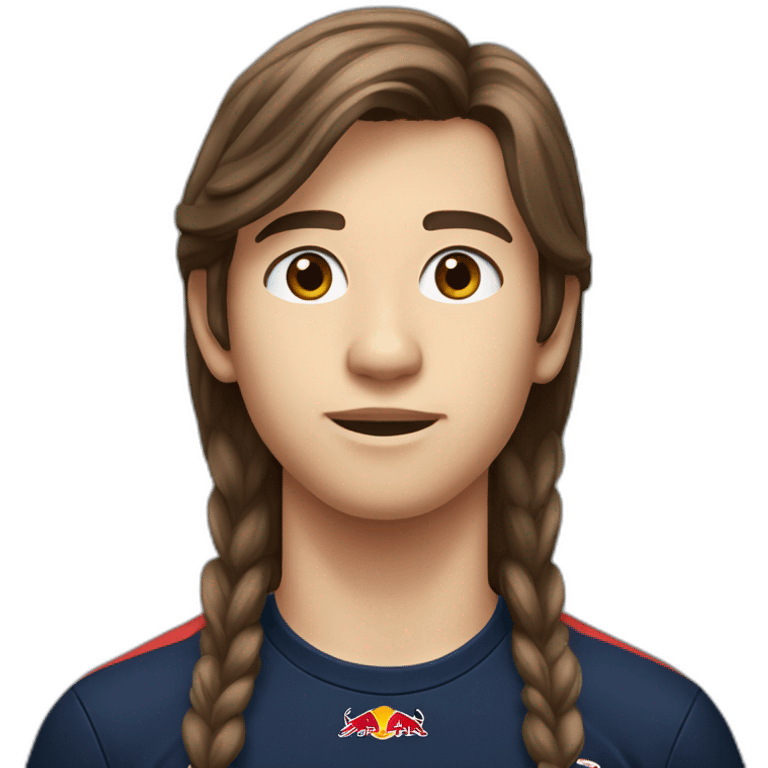 A 15 years old boy with long-brown hair and red bull  racing t-shirt emoji