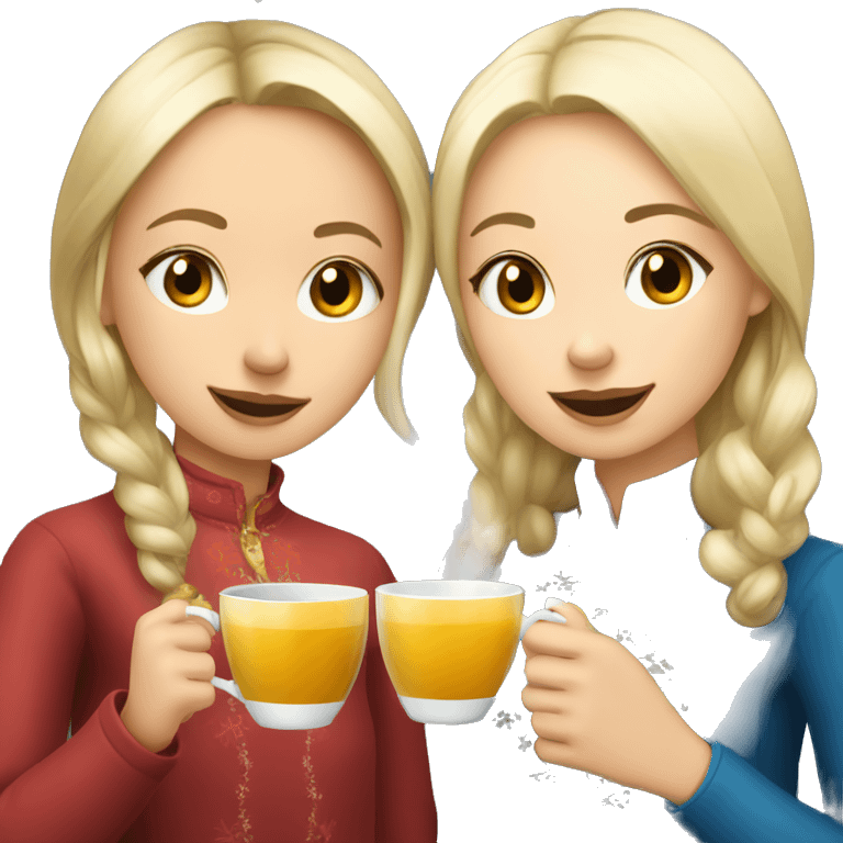 A blonde Russian girl and Asian girl drinking tea at Christmas time emoji