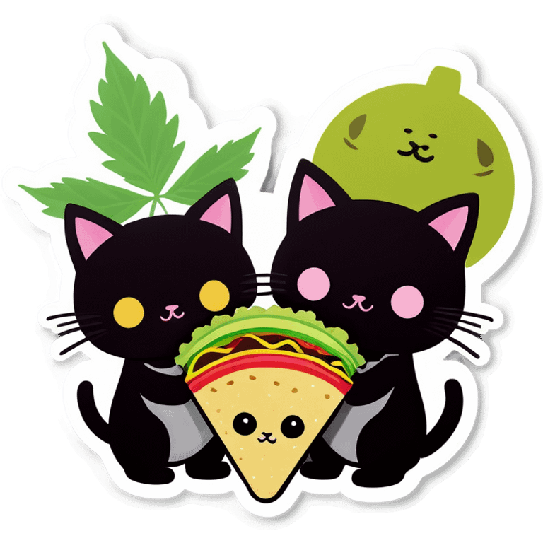 Kawaii Cannabis leaf and kittens eating tacos kawaii style  emoji