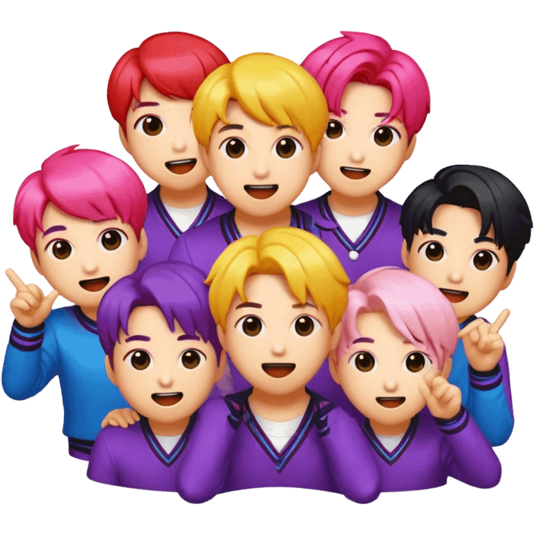 Cinematic Realistic BTS Pop Culture Emoji, featuring a dynamic, energetic portrayal of the acclaimed K-pop group rendered with vibrant textures and energetic, colorful lighting. emoji