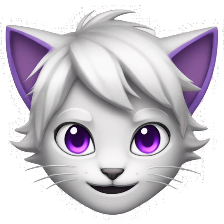 White hair catboy cat ears, purple eyes, smiling emoji