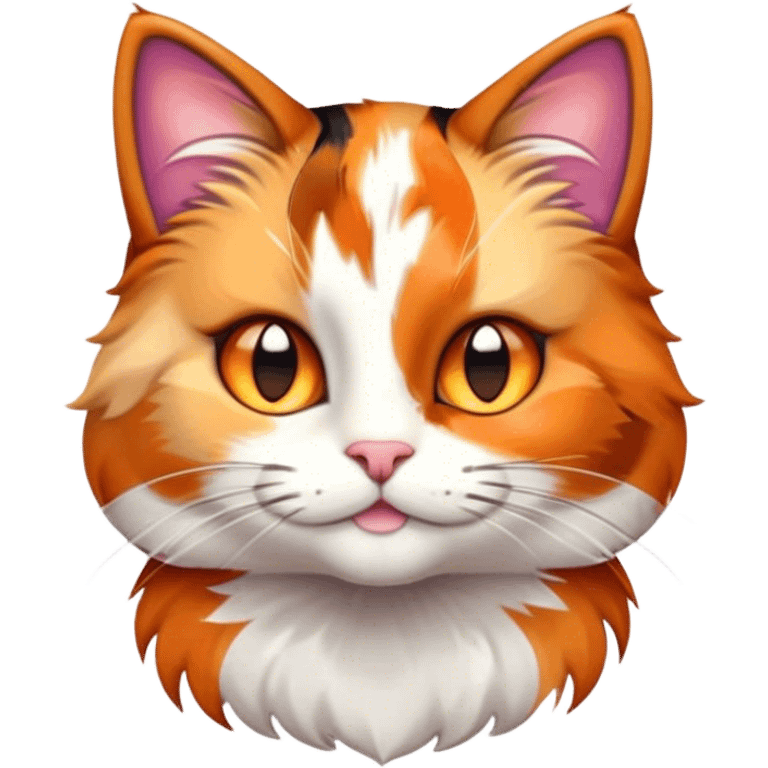 Cinematic Cute Calico Cat Portrait Emoji, Head tilted playfully with sparkling, inquisitive eyes and a charming patchwork fur of orange, black, and white, simplified yet irresistibly adorable, highly detailed, glowing with a warm, inviting glow, high shine, bubbly and affectionate, styled with a touch of whimsical feline charm, soft glowing outline, capturing the essence of a delightfully cute calico cat that looks as if it could prance off the screen into your heart! emoji