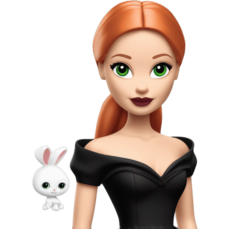  Bunny Wednesday Addams Barbie dancing.  Small Green eyes with light skin face. Longer red hair. black flowing strapless tight evening gown with  plunging neckline that’s off-the-shoulders that also shows her legs and black shiny velvet high heel shoes. emoji