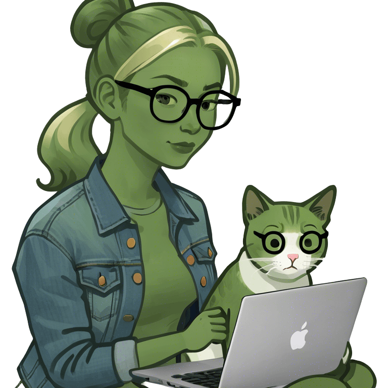 Blonde woman ponytail green eyes with cat and MacBook emoji