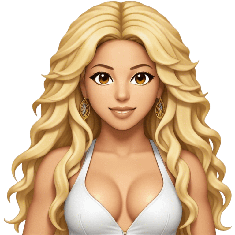 Cinematic Realistic portrait of Shakira, shown as a dynamic pop icon with expressive features and detailed modern attire, illuminated by vibrant, energetic lighting that highlights her global influence emoji