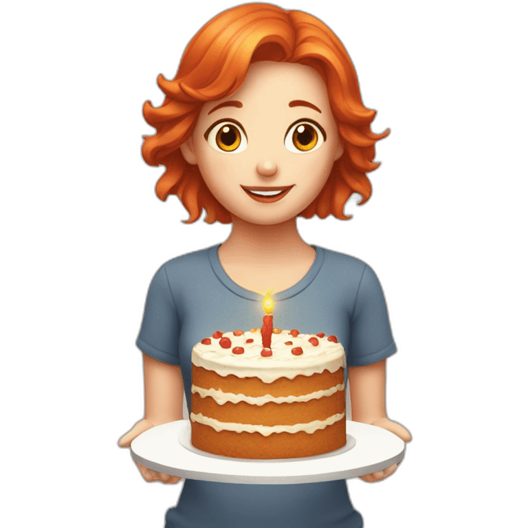 red-haired girl with a cake around the sun emoji