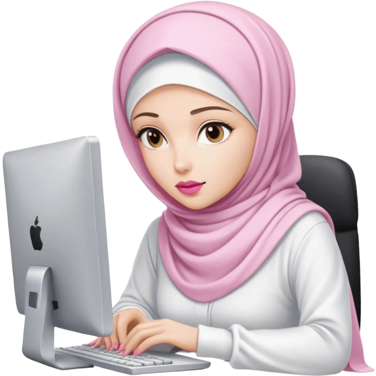 white skin hijab scarf woman working in computer. Her outfit is white, her lips is pink, her expression is focused on computer, her scarf color is white emoji