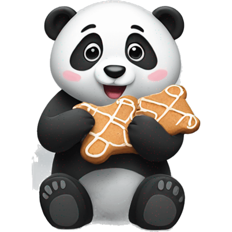 panda eating a gingerbread on a snowy day emoji