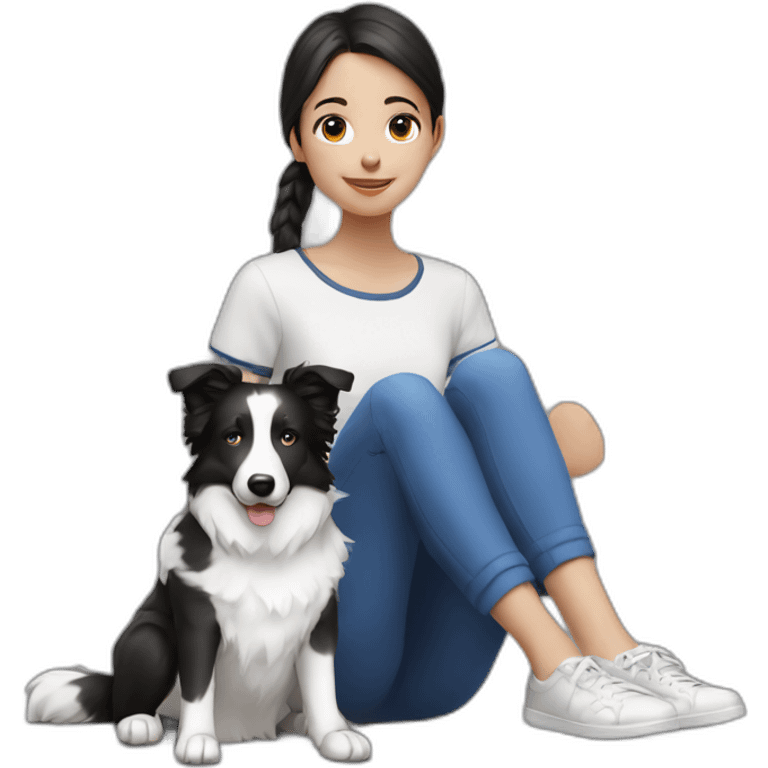 A girl sits with a Blue and white border collie emoji