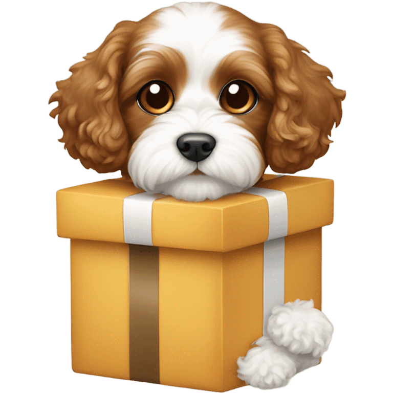 Brown and white cavapoo and gift box emoji