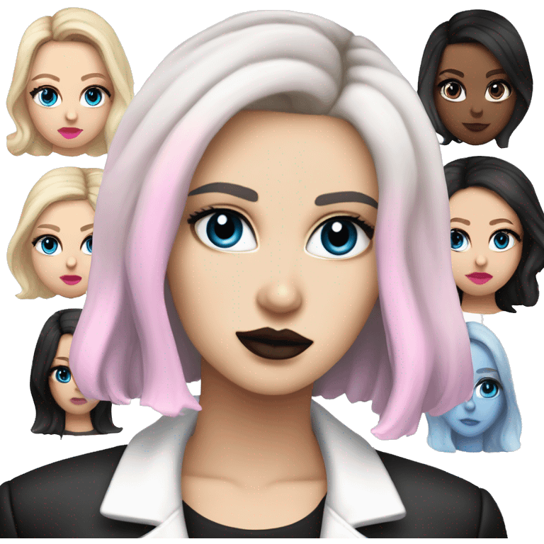 Slavic adult woman, goth eyes makeup, pink lips, blue eyes, medium bob black-to-blonde ombre wavy hair, white T-shirt and black office jacket. emoji