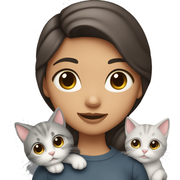 A girl with dark brown hair with a gray kitten in her arms emoji