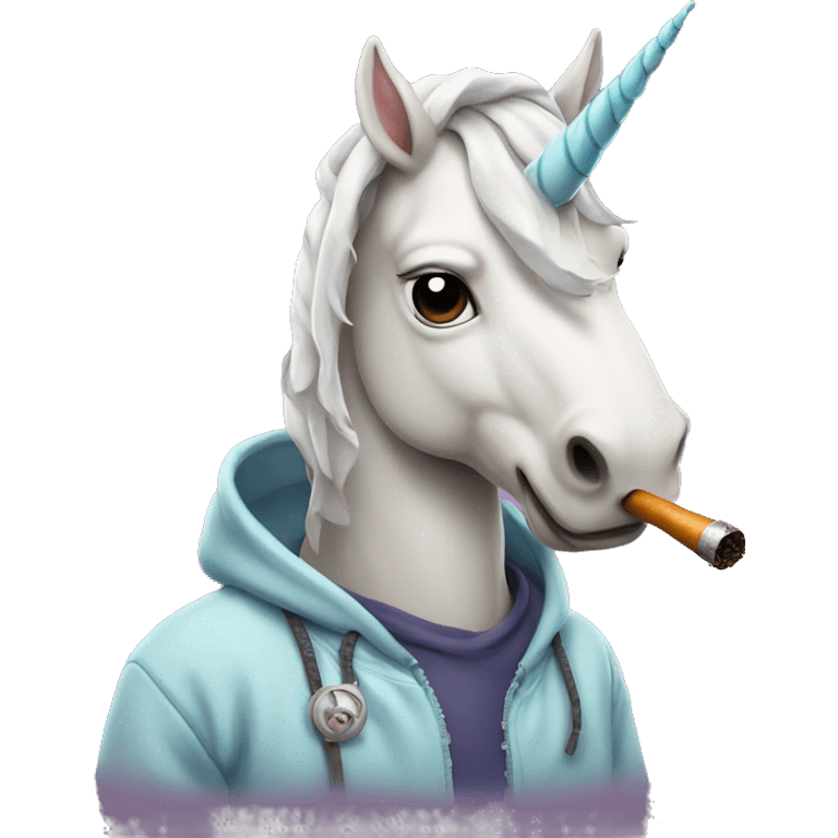 Unicorn wearing a hoodie smoking a pipe emoji