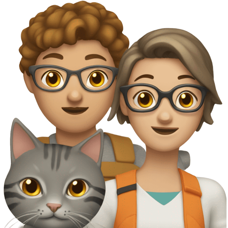 brunette girl with buzzcut and glasses with one grey tabby cat and one brown and orange cat emoji