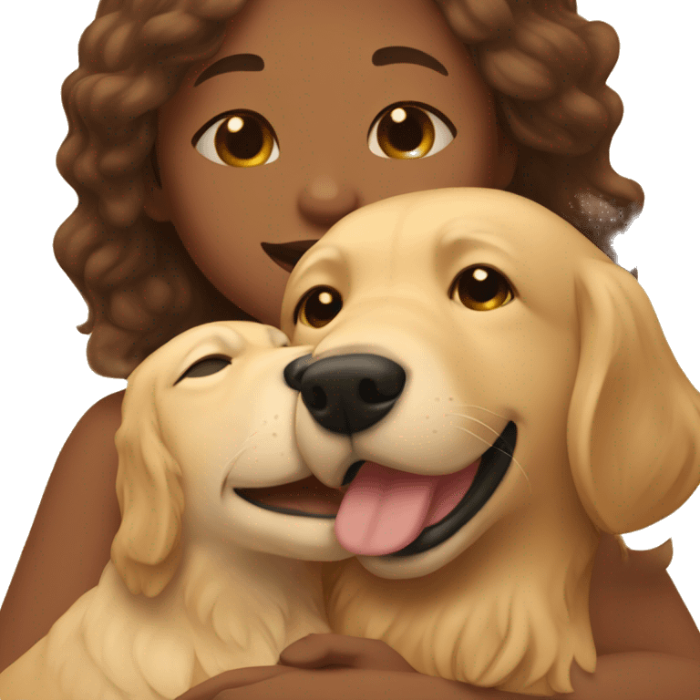 women cuddling with golden retriever emoji