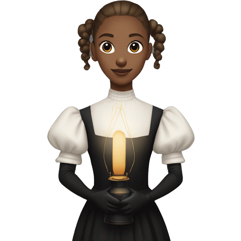 a girl in a black dress with lantern sleeves painted with letters, with light brown hair pulled back into a ponytail, with shaved temples, in identical black gloves emoji