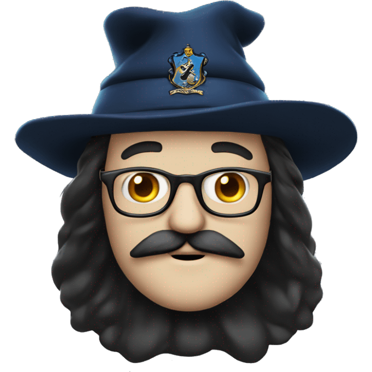 componist, man with white skin,hair is straight and black, a black mustache, glasses, with a magic hat, ravenclaw emoji