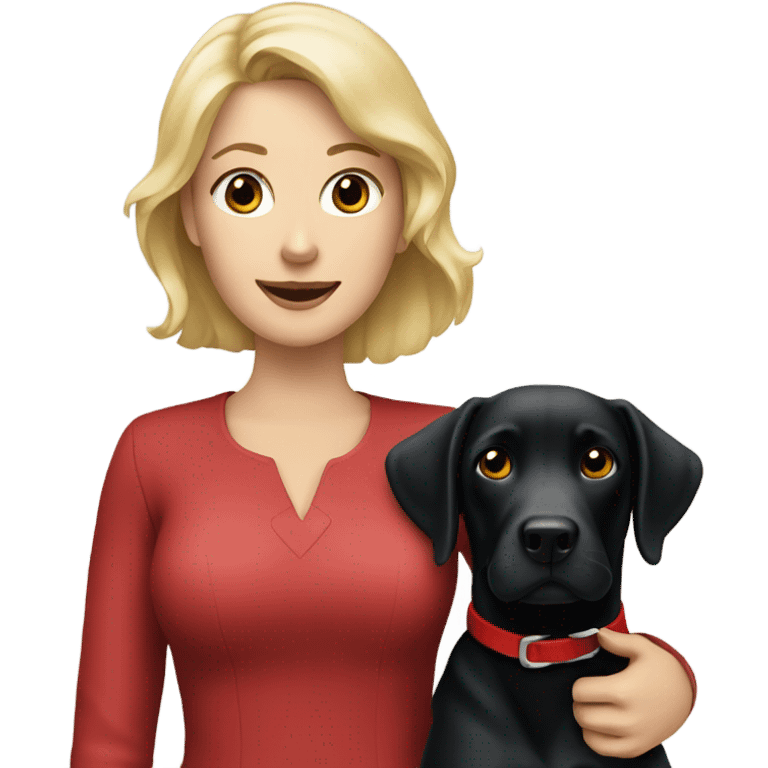 Blonde lady holding a black Labrador with a red collar  emoji