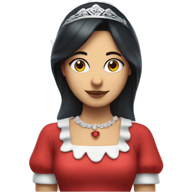 Lady with dark hair, blue maid veil, red dress, halo and money with wings underneath her chest emoji