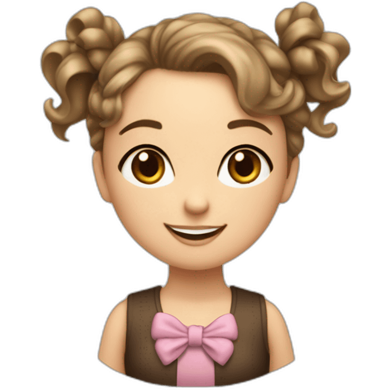 White girl, with wavy hair and two bows on top with two bows. Dark brown eyes and dimpled smile emoji