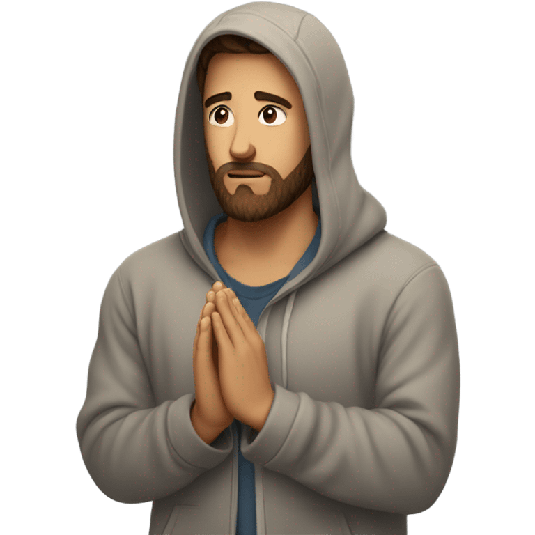 Handsome man with brown hairs and 3 days beard wearing a hoodie as he is praying emoji