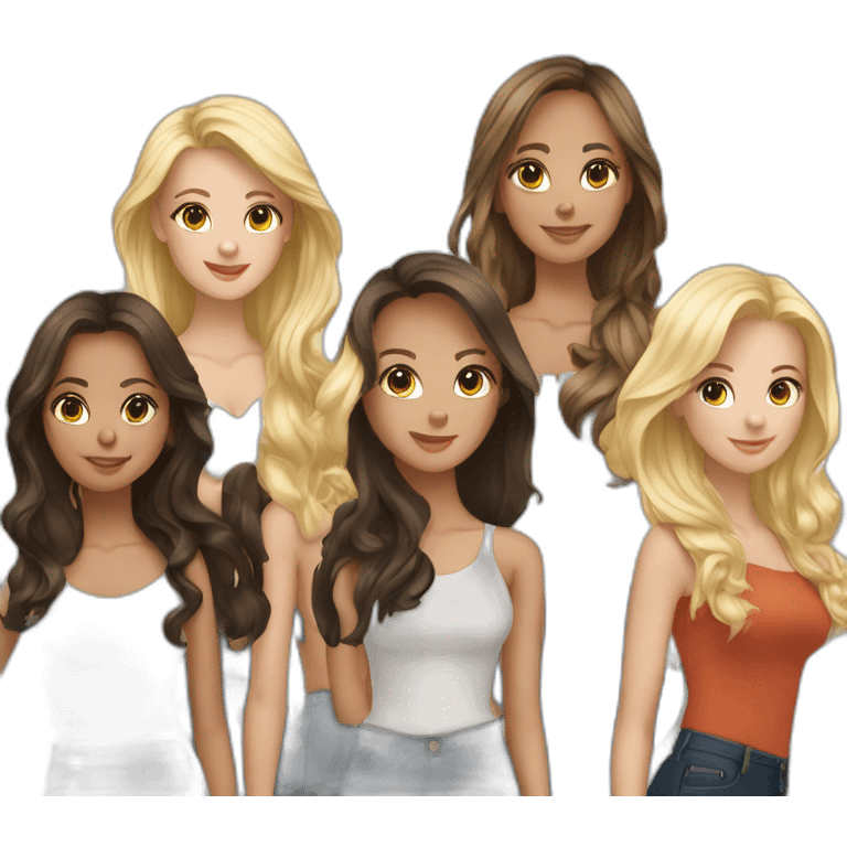 group of 6 friends, 3 blondes, 2 brunettes and a brunette emoji