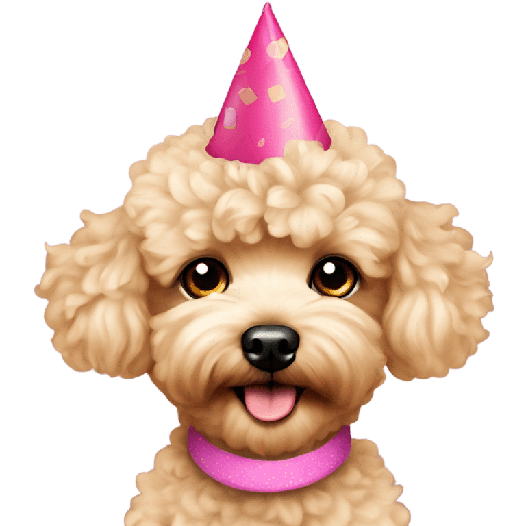 Blonde toypoodle maltipoo with birthdayhat emoji