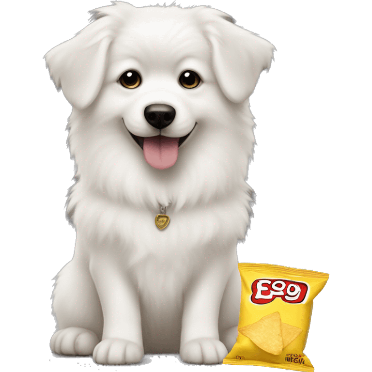 white fluffy dog with a bag of chips that says lil baby on it  emoji