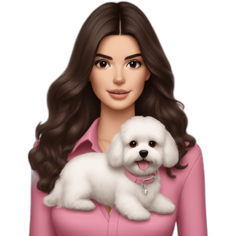 brunette Kendall Jenner with long hair holding white maltipoo in pink collar emoji