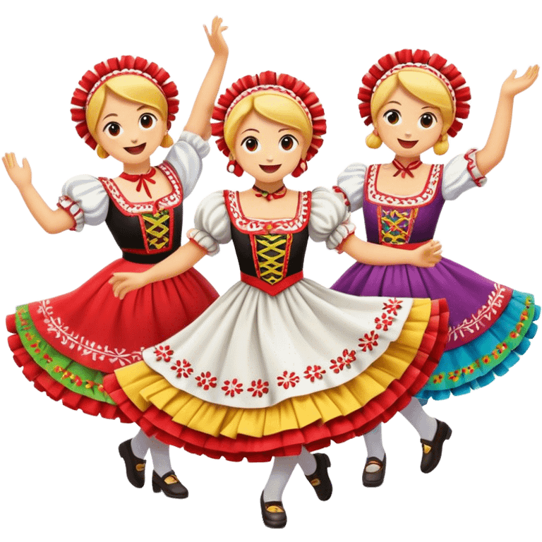 Cinematic Realistic Mazurka Dance Emoji, depicted as a lively traditional Polish folk dance scene with colorful costumes and spirited movement, rendered with dynamic textures and vibrant festive lighting that captures its rhythmic energy. emoji