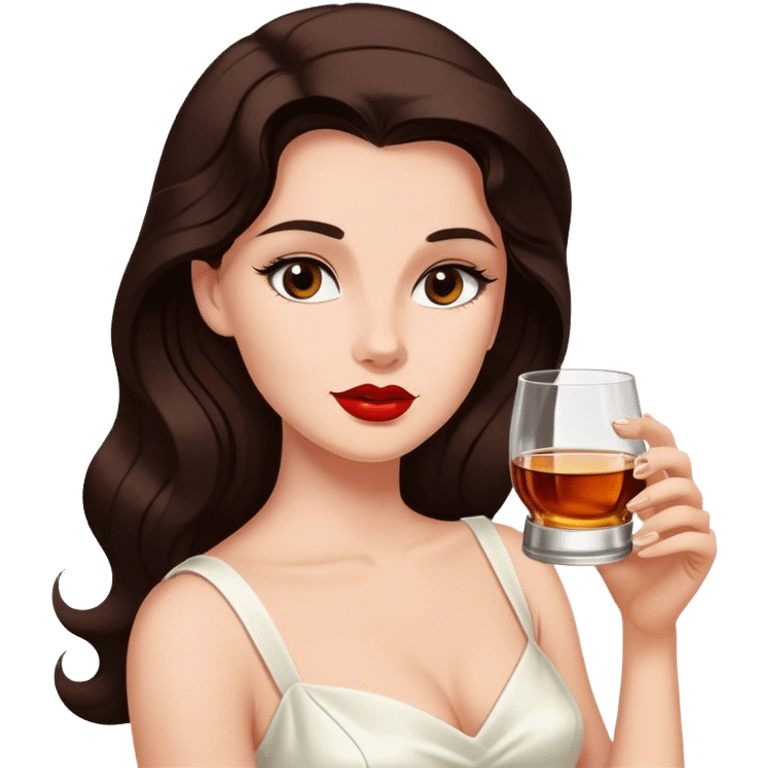 Beautiful woman in 1950’s woman fashion look, white dress, long dark brown hair, whisky emoji