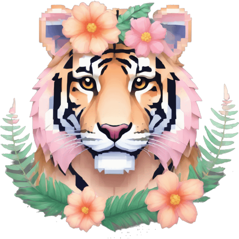 Pixel art of a pixel pink peach beige blue cream pastel pixel tiger pixel lion wearing tropical flowers and leaves, flower crown, floral, pixel emoji