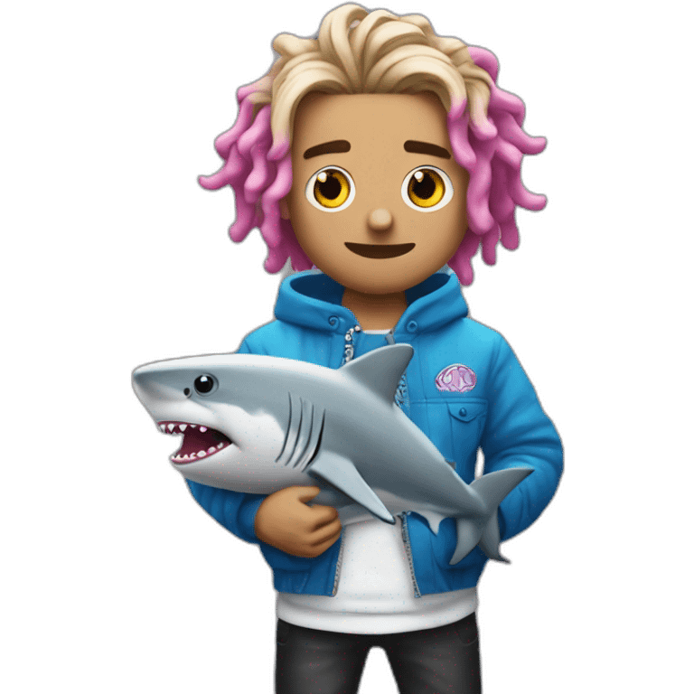 Lil Pump holds a double cap with a shark in his arms emoji