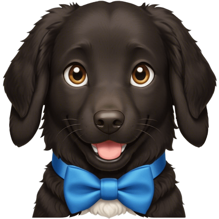 Black, flat-coated retriever, smooth fur with curly  fluffy ears, smiling face, blue bow tie collar, brown eyes emoji