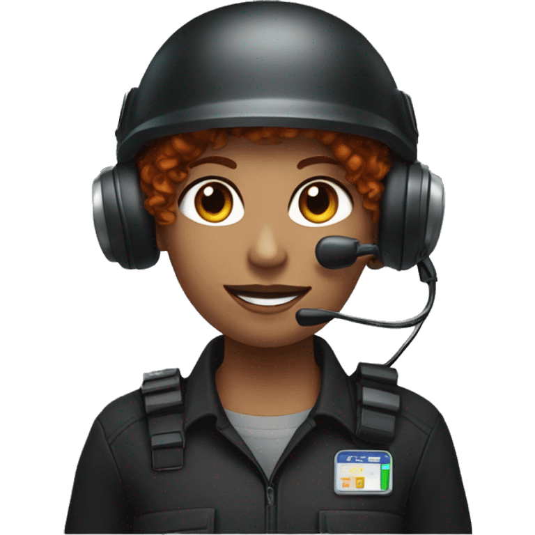 operator dressed in black with a milatary helmet, without glasses, wearing a headset, ready to respond to alerts, preferably curly redhead female  emoji