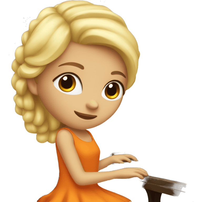 Blonde girl wearing an orange dress playing a brown upright piano emoji